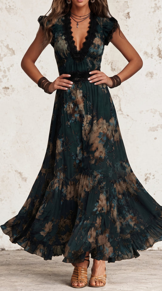 Jolanda | Abito Lungo in Chiffon Vintage Verde Scuro con Pizzo Floreale