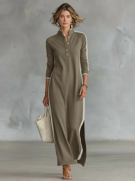 Marisa | Abito Maxi Stile Felpa con Collo Abbottonato e Bordi Bianchi