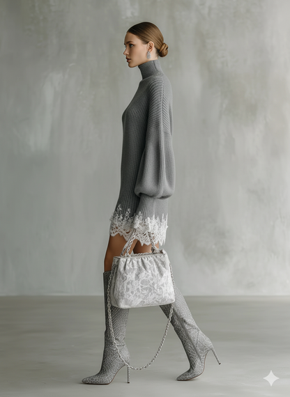 Nives | Mini Abito in Maglia con Collo Alto e Orlo in Pizzo Bianco