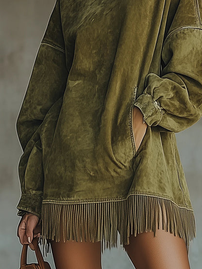 Ilaria | Abito Effetto Suede a Collo Alto con Orlo a Frange