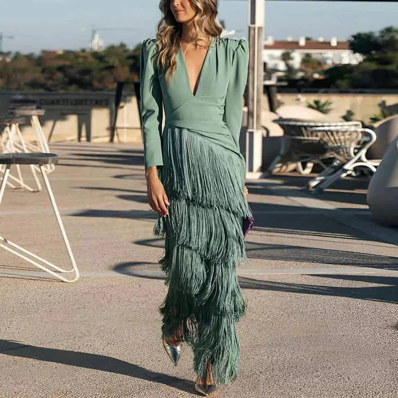 Giordana | Abito Midi con Scollo a V Profondo e Gonna a Frange