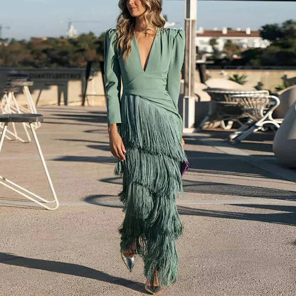 Giordana | Abito Midi con Scollo a V Profondo e Gonna a Frange