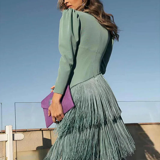Giordana | Abito Midi con Scollo a V Profondo e Gonna a Frange