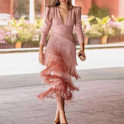 Giordana | Abito Midi con Scollo a V Profondo e Gonna a Frange