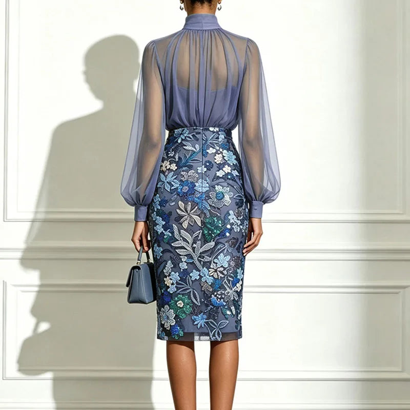 Leda | Abito Midi con Collo Alto in Tulle e Gonna Ricamata a Fiori con Paillettes