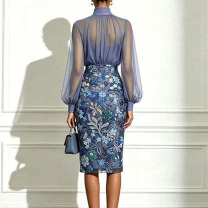 Leda | Abito Midi con Collo Alto in Tulle e Gonna Ricamata a Fiori con Paillettes