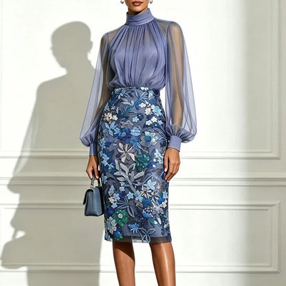 Leda | Abito Midi con Collo Alto in Tulle e Gonna Ricamata a Fiori con Paillettes
