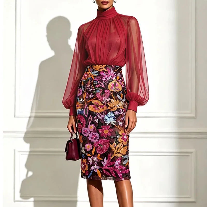 Leda | Abito Midi con Collo Alto in Tulle e Gonna Ricamata a Fiori con Paillettes