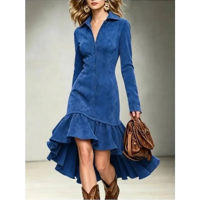 Ottilia | Abito Midi Camicia Effetto Suede con Orlo a Volant Asimmetrico