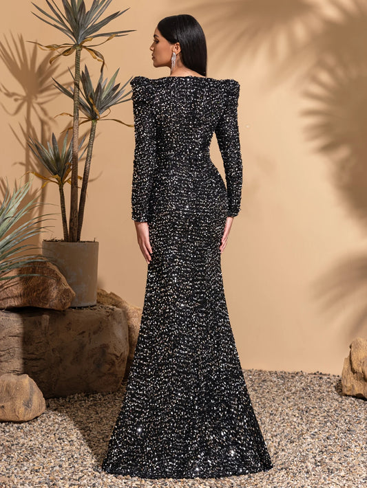 Milena | Abito Lungo a Sirena con Paillettes, Scollo a V e Spalle Arricciate