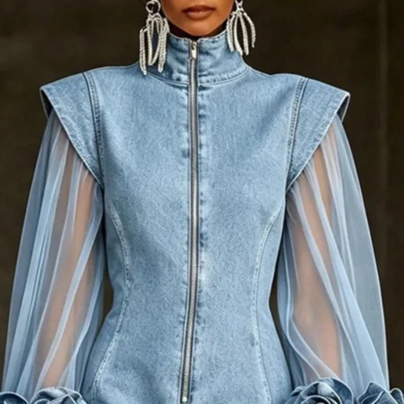 Mirta | Mini Abito in Denim con Zip, Maniche in Tulle e Rose 3D