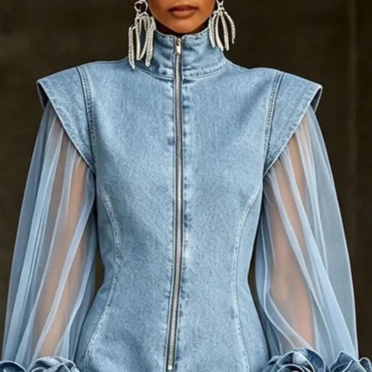 Mirta | Mini Abito in Denim con Zip, Maniche in Tulle e Rose 3D