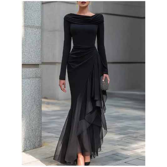Luna - abito lungo nero con volant in chiffon