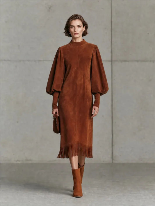 Clelia | Abito Midi Effetto Suede con Maniche a Lanterna e Orlo con Frange