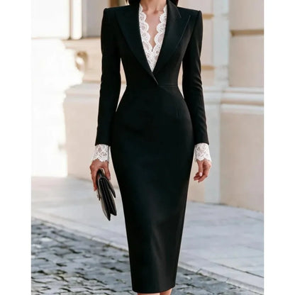 Nives | Abito Midi Stile Blazer con Revers e Inserti in Pizzo