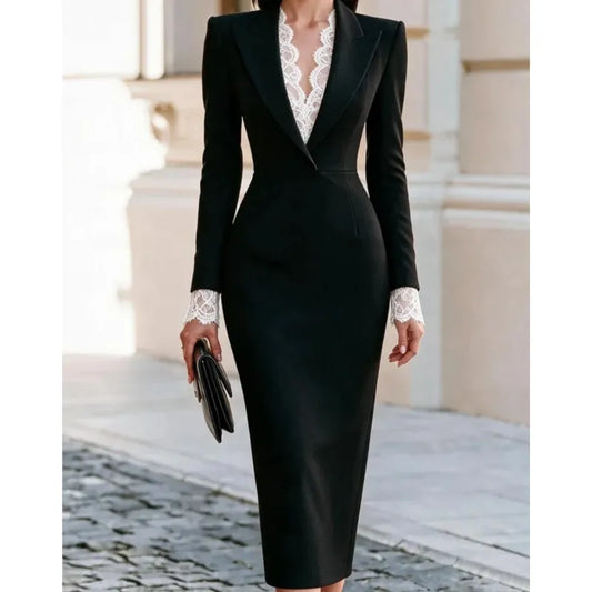 Nives | Abito Midi Stile Blazer con Revers e Inserti in Pizzo