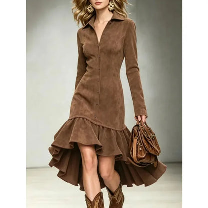 Ottilia | Abito Midi Camicia Effetto Suede con Orlo a Volant Asimmetrico