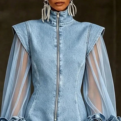 Mirta | Mini Abito in Denim con Zip, Maniche in Tulle e Rose 3D