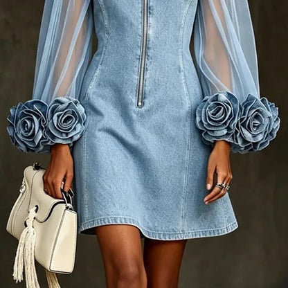 Mirta | Mini Abito in Denim con Zip, Maniche in Tulle e Rose 3D