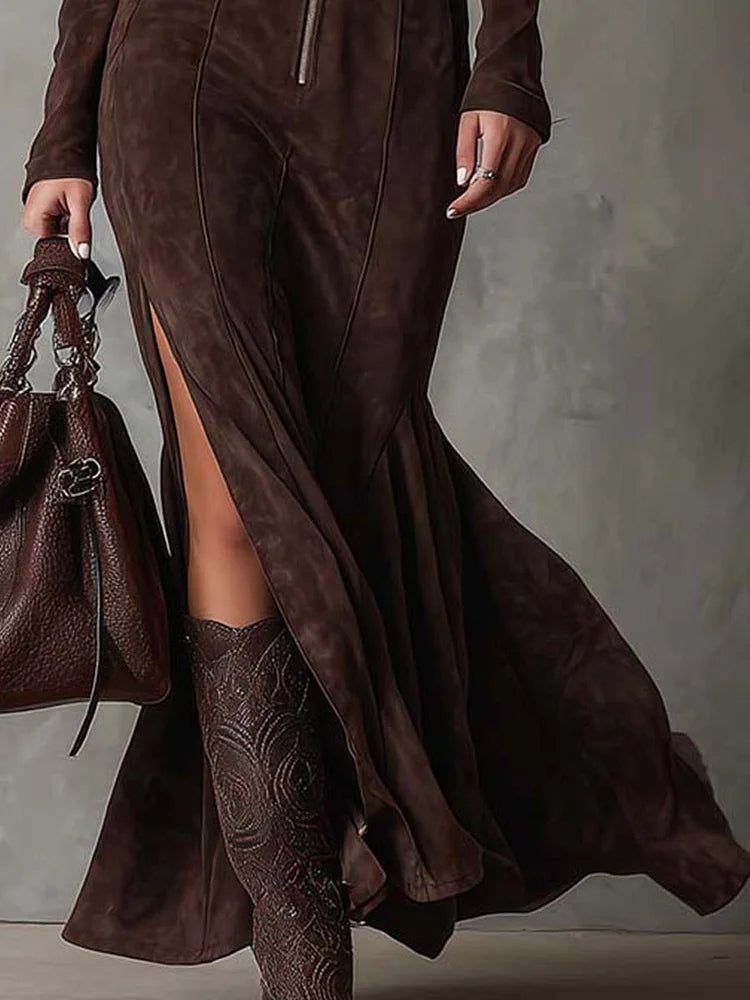 Romilda | Abito Lungo Vintage Effetto Suede con Zip e Cintura