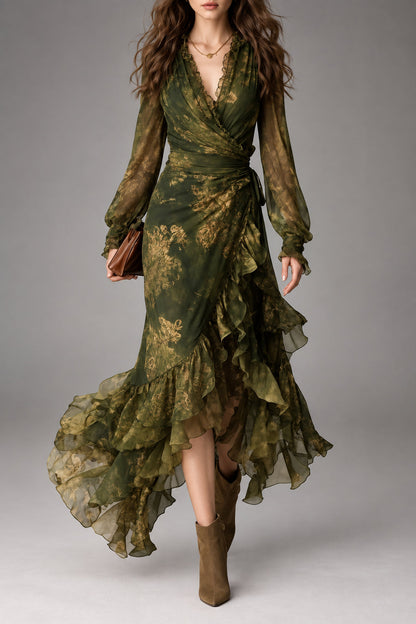 Lisetta | Abito Lungo in Chiffon Stampato con Volant