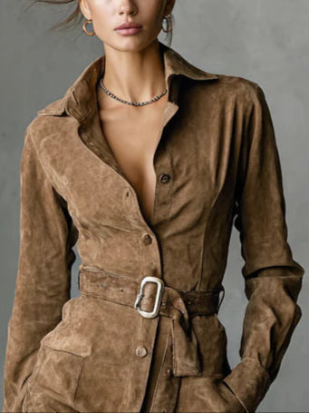 Alba | Abito Midi Chemisier Effetto Suede con Revers