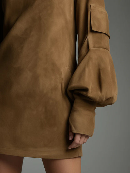 Severina | Mini Abito Oversize Effetto Suede con Collo Alto