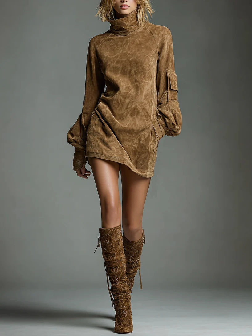 Severina | Mini Abito Oversize Effetto Suede con Collo Alto