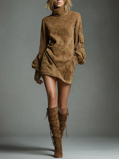 Severina | Mini Abito Oversize Effetto Suede con Collo Alto