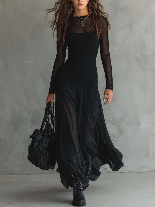 Maxi Abito Nero in Tulle Patchwork dal Taglio Ampio