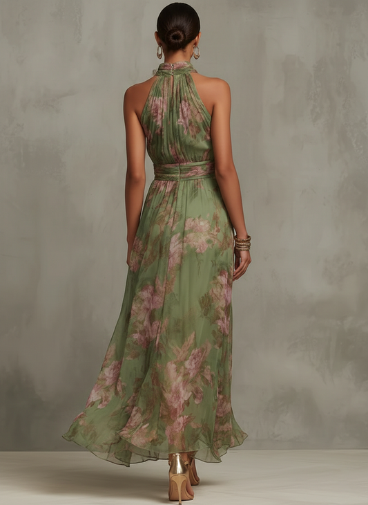 Maxi Abito in Chiffon Verde con Stampa Floreale e Scollo all'Americana