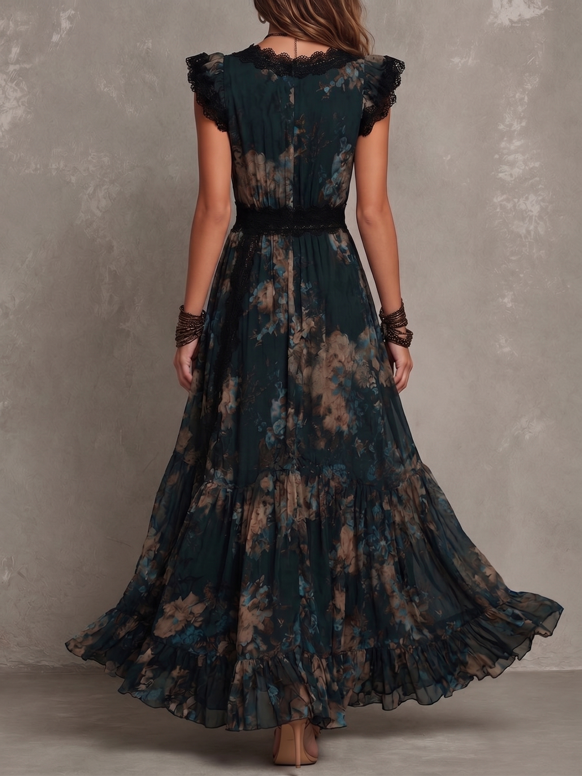 Jolanda | Abito Lungo in Chiffon Vintage Verde Scuro con Pizzo Floreale