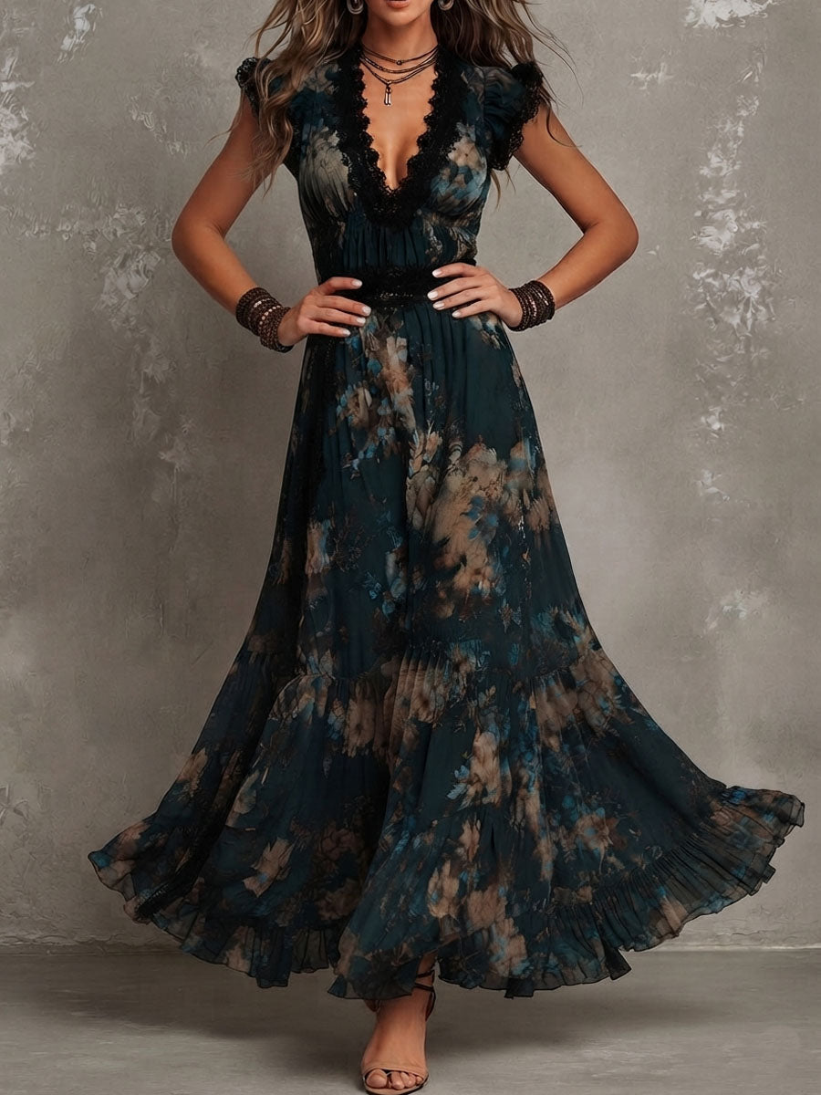 Jolanda | Abito Lungo in Chiffon Vintage Verde Scuro con Pizzo Floreale