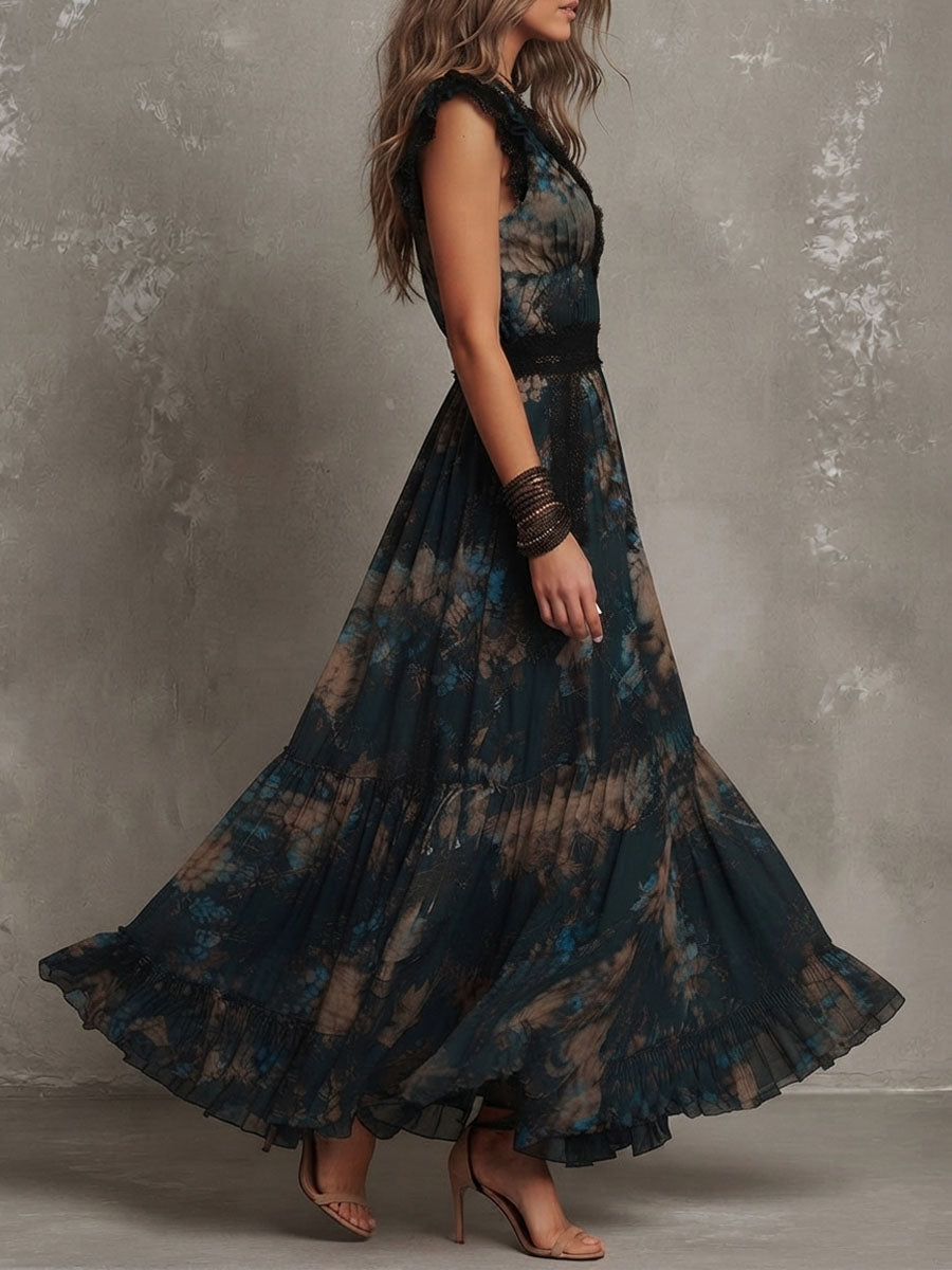 Jolanda | Abito Lungo in Chiffon Vintage Verde Scuro con Pizzo Floreale