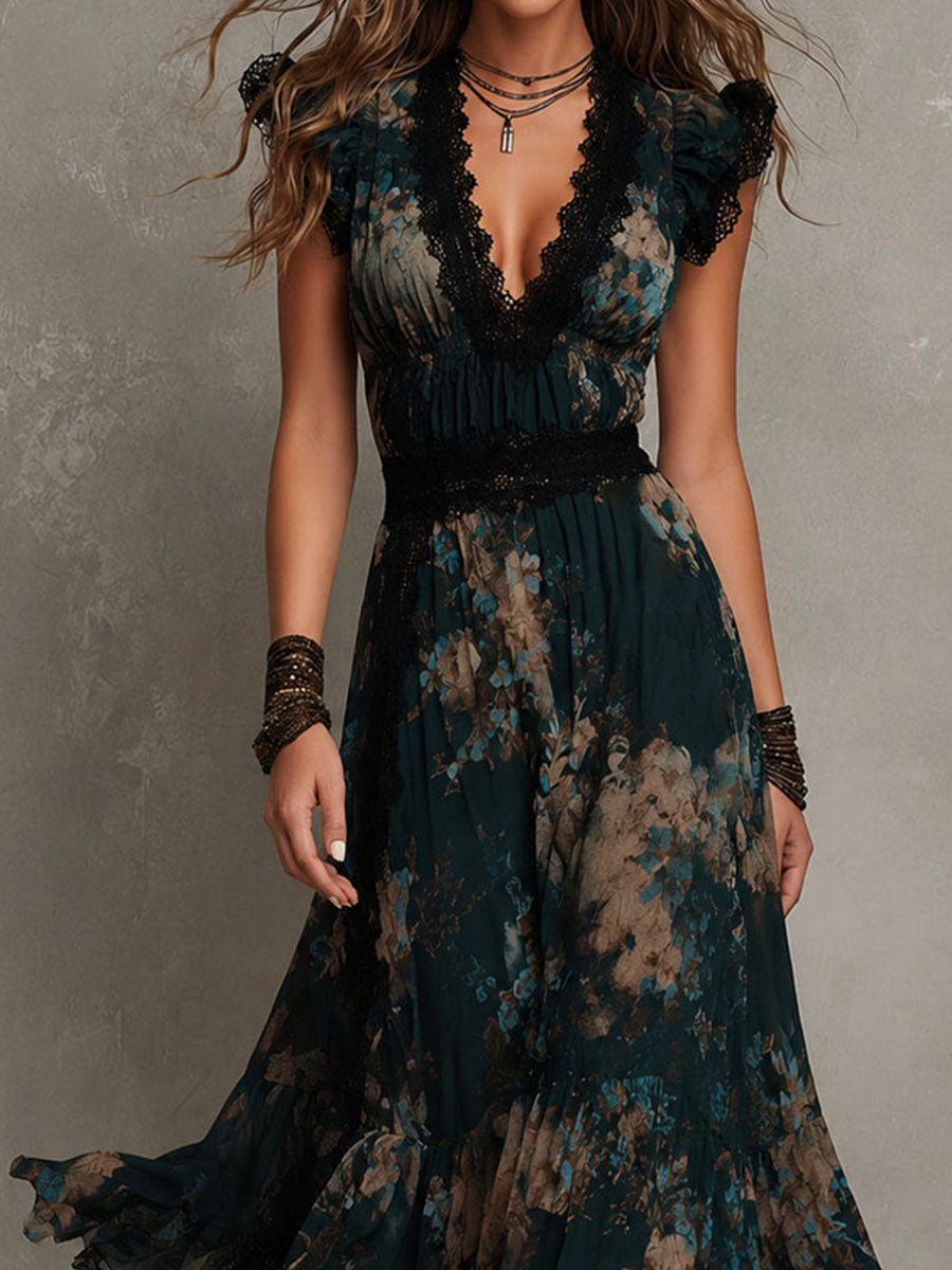 Jolanda | Abito Lungo in Chiffon Vintage Verde Scuro con Pizzo Floreale