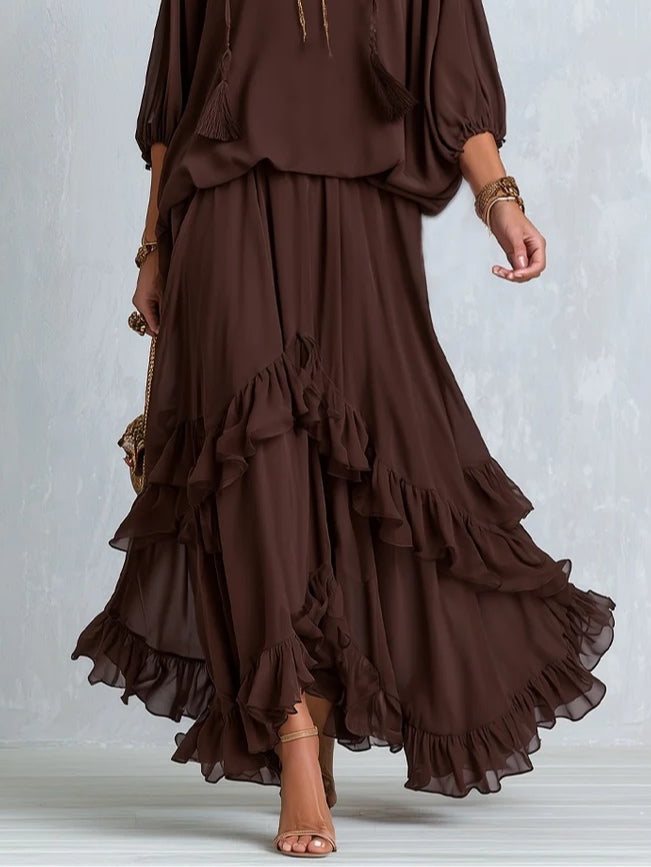 Lucrezia | Top in Chiffon Marrone con Frange e Scollo a V e Gonna a Volant a Strati