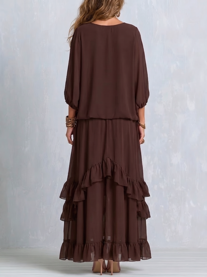 Lucrezia | Top in Chiffon Marrone con Frange e Scollo a V e Gonna a Volant a Strati