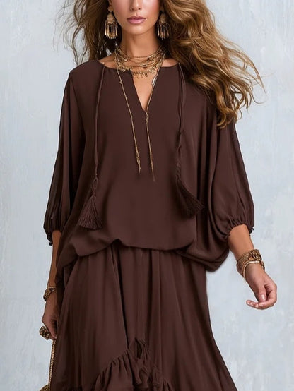 Lucrezia | Top in Chiffon Marrone con Frange e Scollo a V e Gonna a Volant a Strati