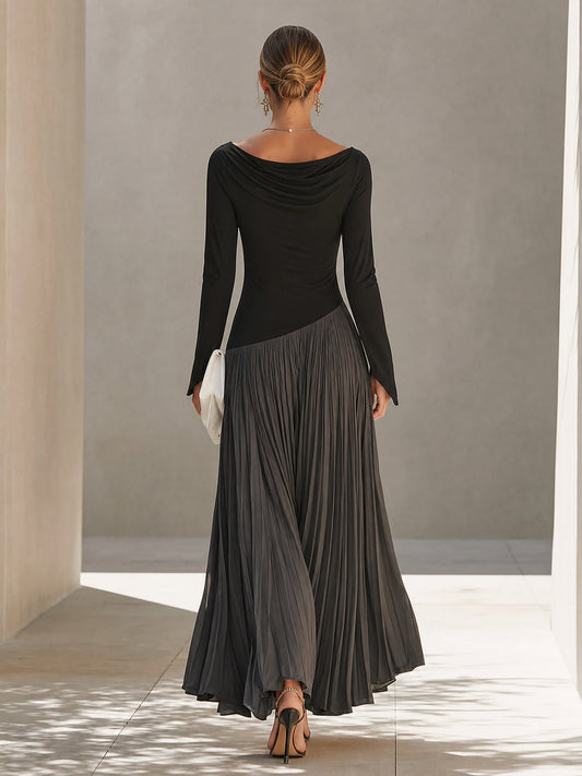 Fabiola | Abito Maxi Plissettato con Collo Drappeggiato Bicolore Nero e Grigio