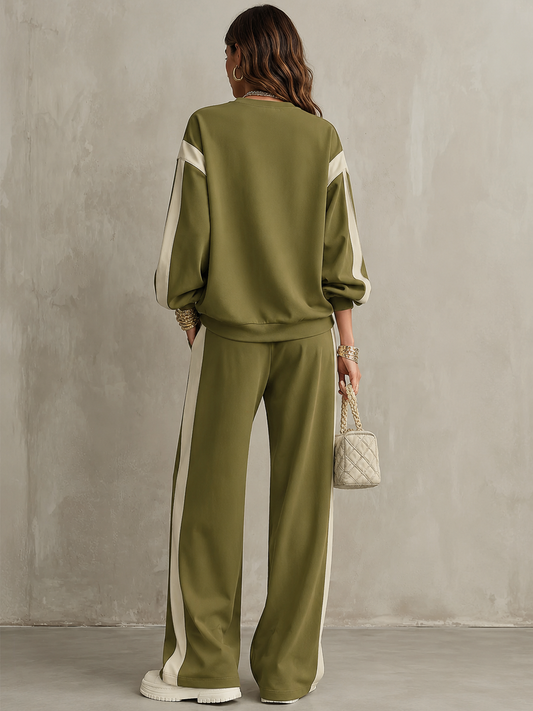 Tamara | Completo Casual con Felpa Verde Oliva a Girocollo e Pantaloni Ampi con Coulisse