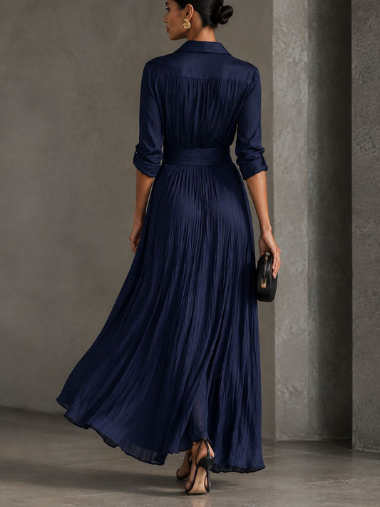 Teodora | Abito Chemisier Maxi Blu Marino Annodato in Stile Elegante