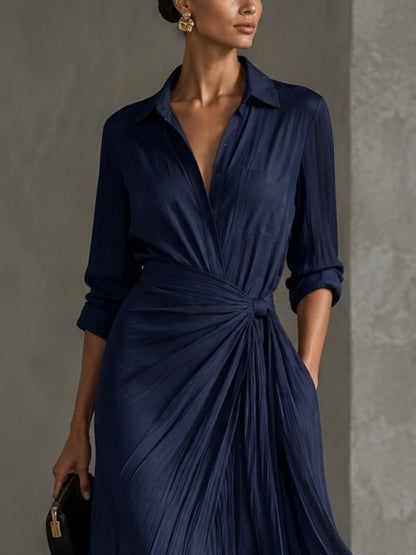 Romina | Elegante Abito Chemisier Maxi Blu Marino con Nodo