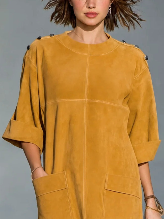Ginevra | Mini Abito Effetto Suede Giallo Zenzero con Bottoni sulle Spalle