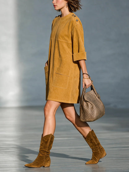 Ginevra | Mini Abito Effetto Suede Giallo Zenzero con Bottoni sulle Spalle