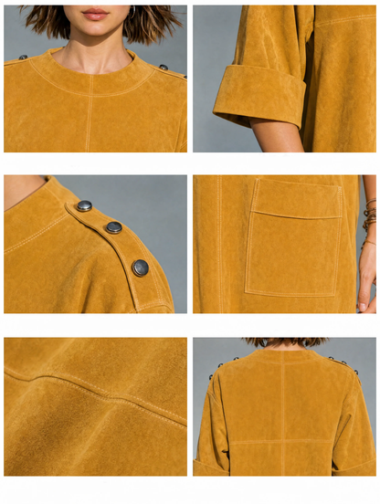 Ginevra | Mini Abito Effetto Suede Giallo Zenzero con Bottoni sulle Spalle