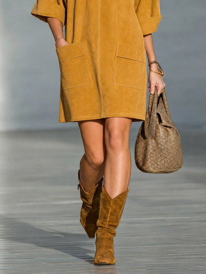 Ginevra | Mini Abito Effetto Suede Giallo Zenzero con Bottoni sulle Spalle