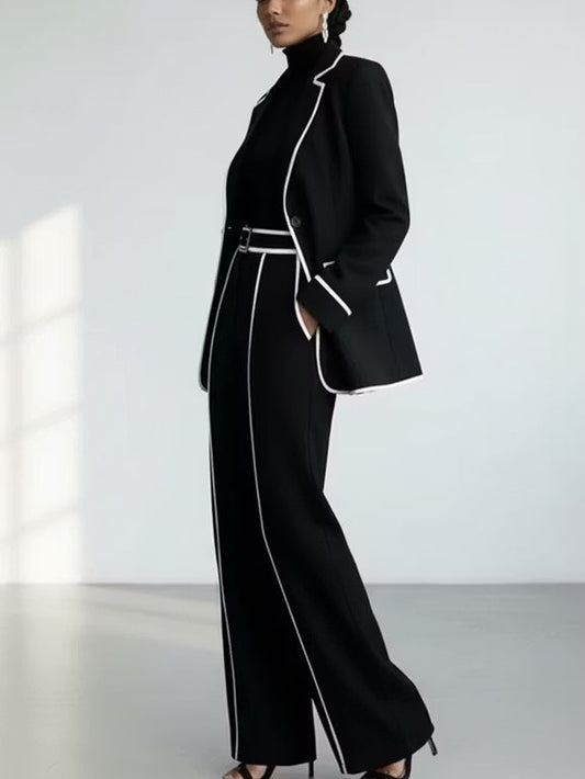 Mariella | Completo Due Pezzi con Blazer con Bordo a Contrasto Nero e Pantaloni a Gamba Larga