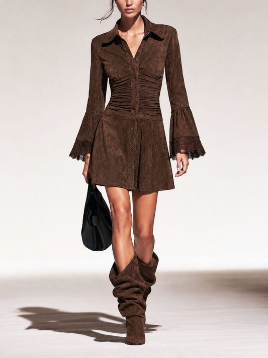 Fiorenza | Mini Abito Effetto Suede con Polsini in Pizzo e Vita Arricciata