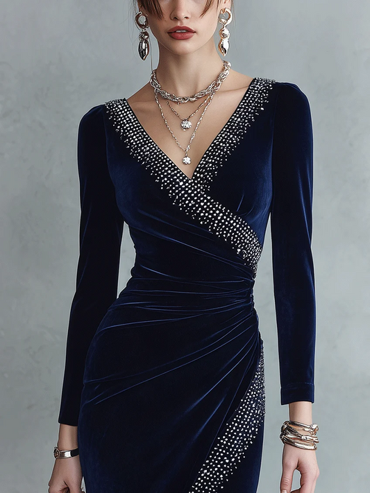 Flaminia | Abito Midi in Velluto Blu Notte a Portafoglio con Strass e Spacco