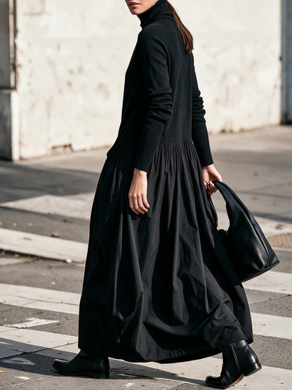 Violetta | Abito Maxi Oversize Nero con Collo Alto e Dettaglio Tasche